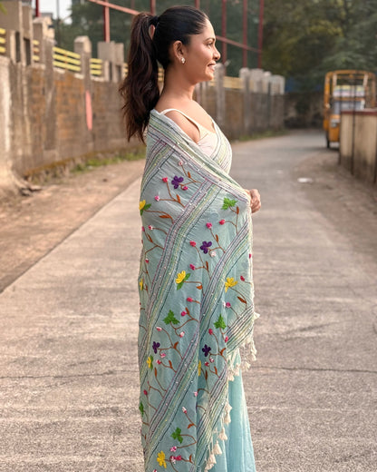 Blue embroidered mulmul cotton saree