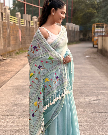 Meadow Mist Muse | Cyan embroidered mulmul saree