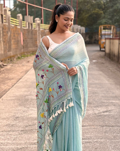 Blue embroidered mulmul cotton saree