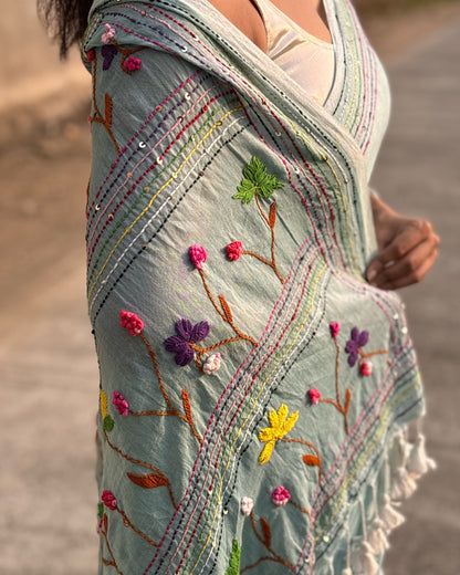 Meadow Mist Muse | Cyan embroidered mulmul saree