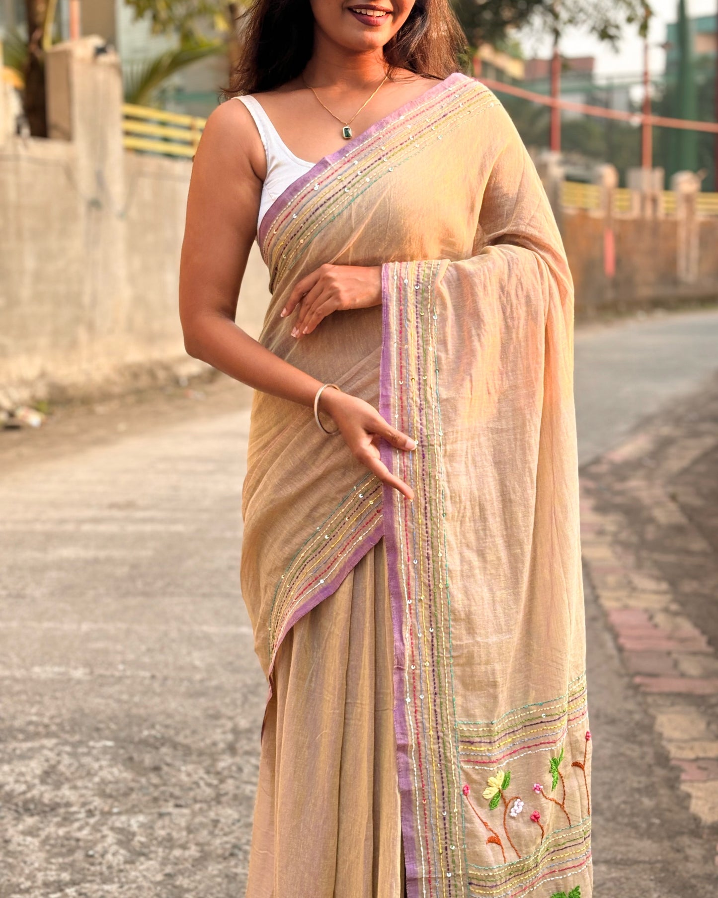 Soft mulmul cotton saree in beige color with fine embroidery