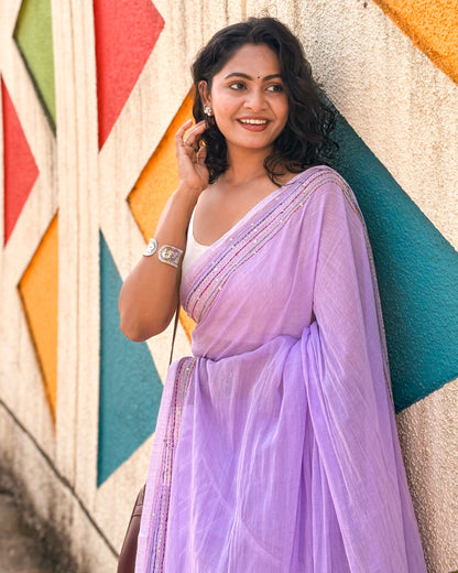 Mauve embroidered mulmul cotton saree Mauve Knot Muse design