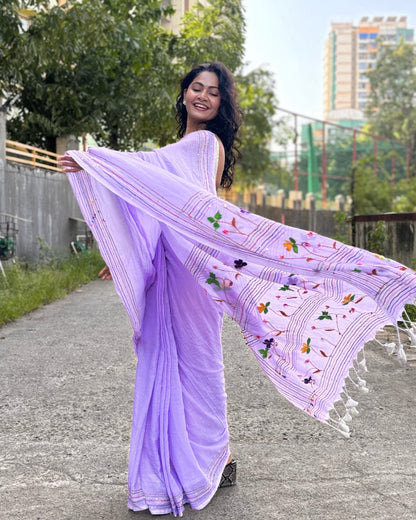 Soft mauve mulmul saree with delicate embroidery lightweight cotton saree