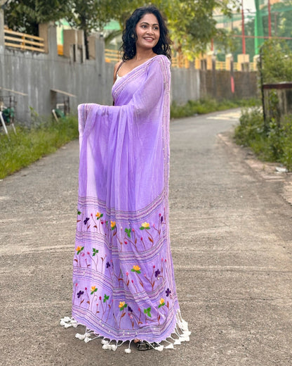 Soft mauve mulmul saree with delicate embroidery lightweight cotton saree