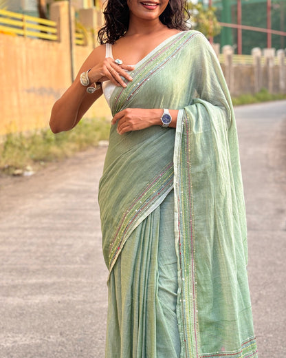 Mosswood Garden | Green embroidered mulmul saree