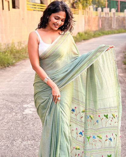 Mosswood Garden | Green embroidered mulmul saree