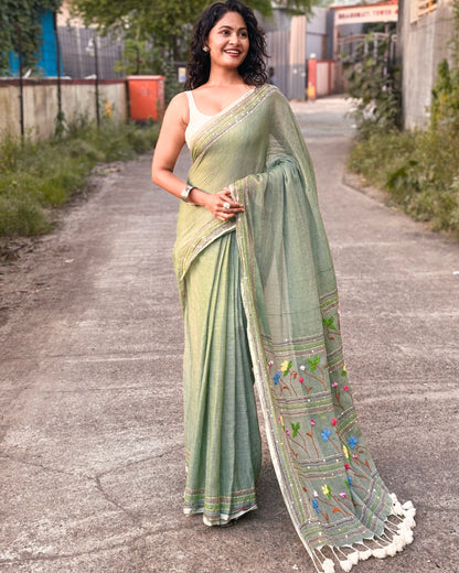 Mosswood Garden | Green embroidered mulmul saree