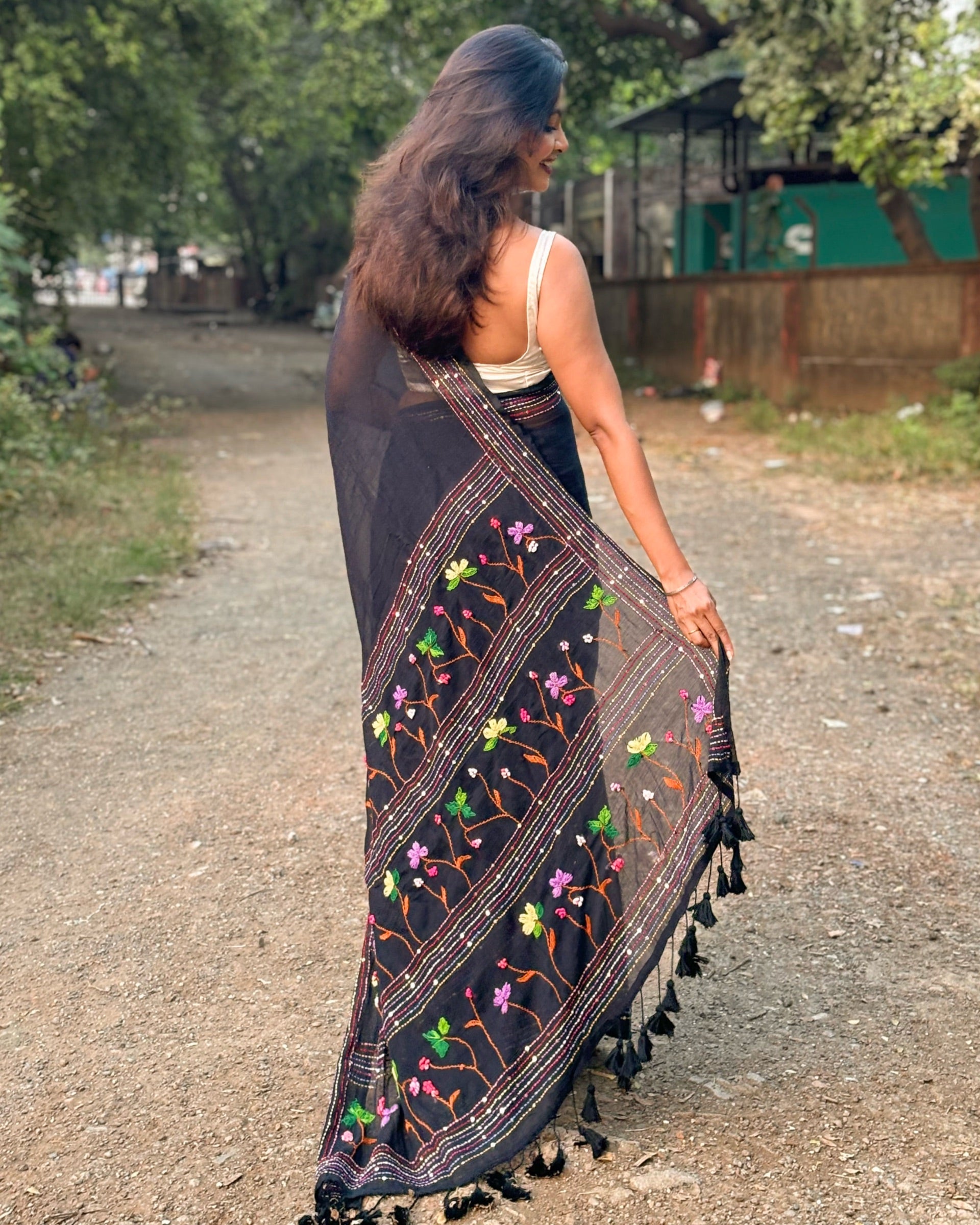 Black embroidered mulmul cotton saree