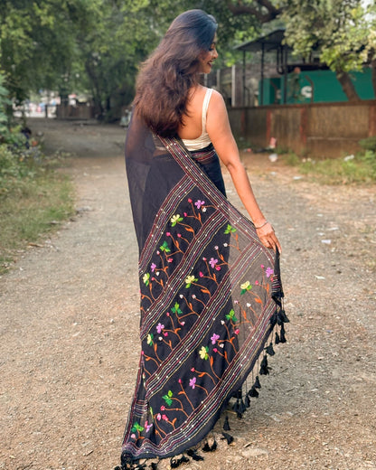 Black embroidered mulmul cotton saree
