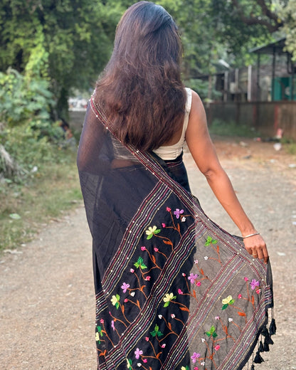 Black embroidered mulmul cotton saree