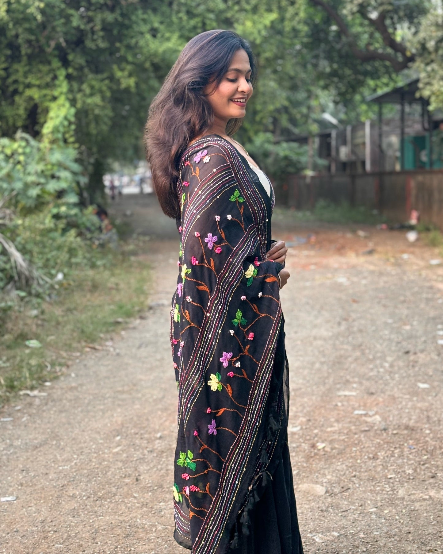 Black embroidered mulmul cotton saree