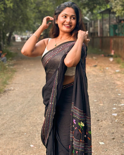 Noir Petal Nocturne | Black embroidered mulmul saree