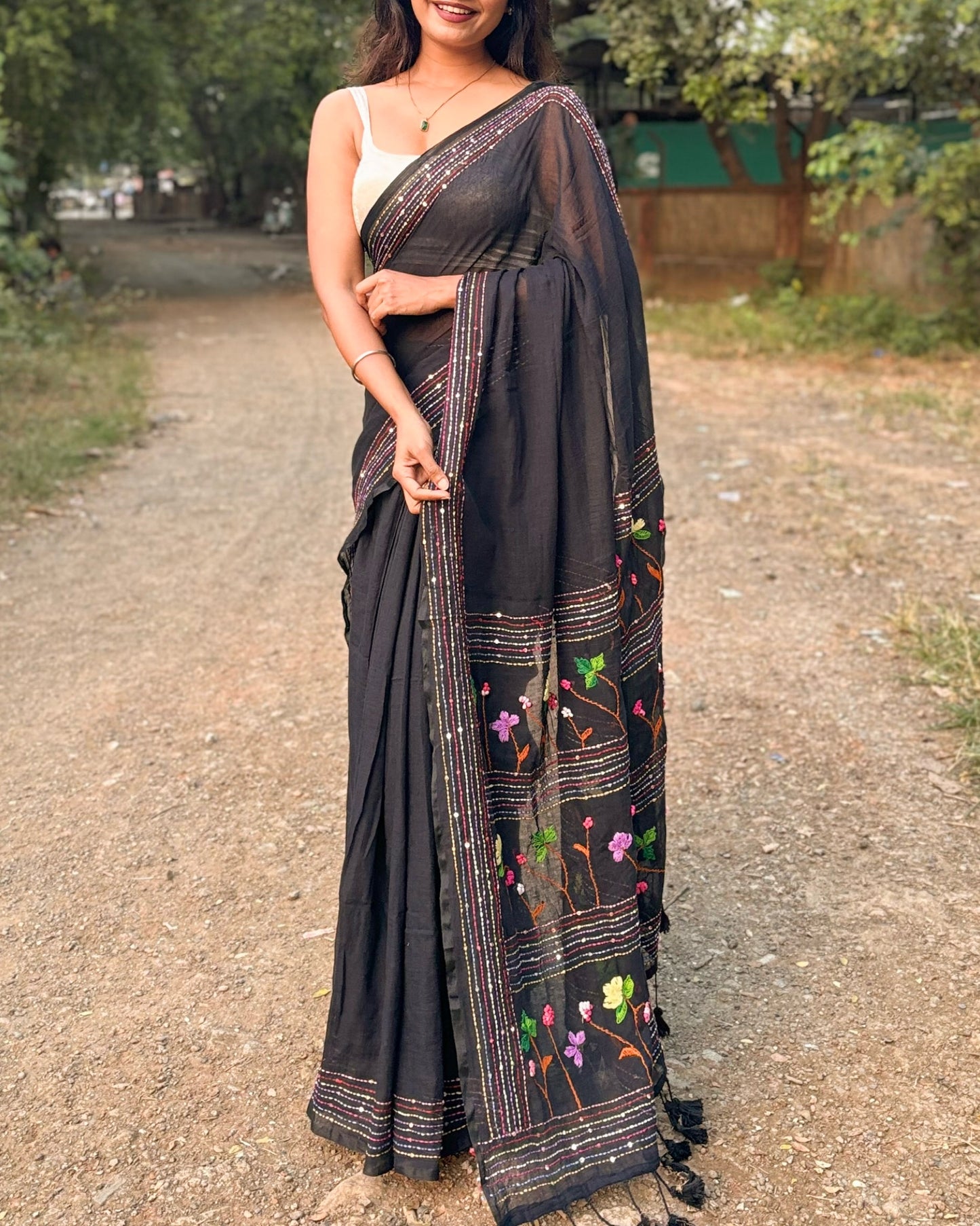 Black embroidered mulmul cotton saree