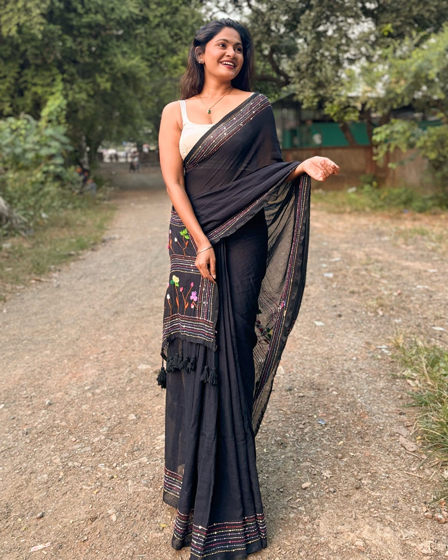 Noir Petal Nocturne | Black embroidered mulmul saree