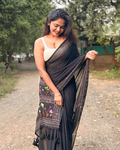 Noir Petal Nocturne | Black embroidered mulmul saree