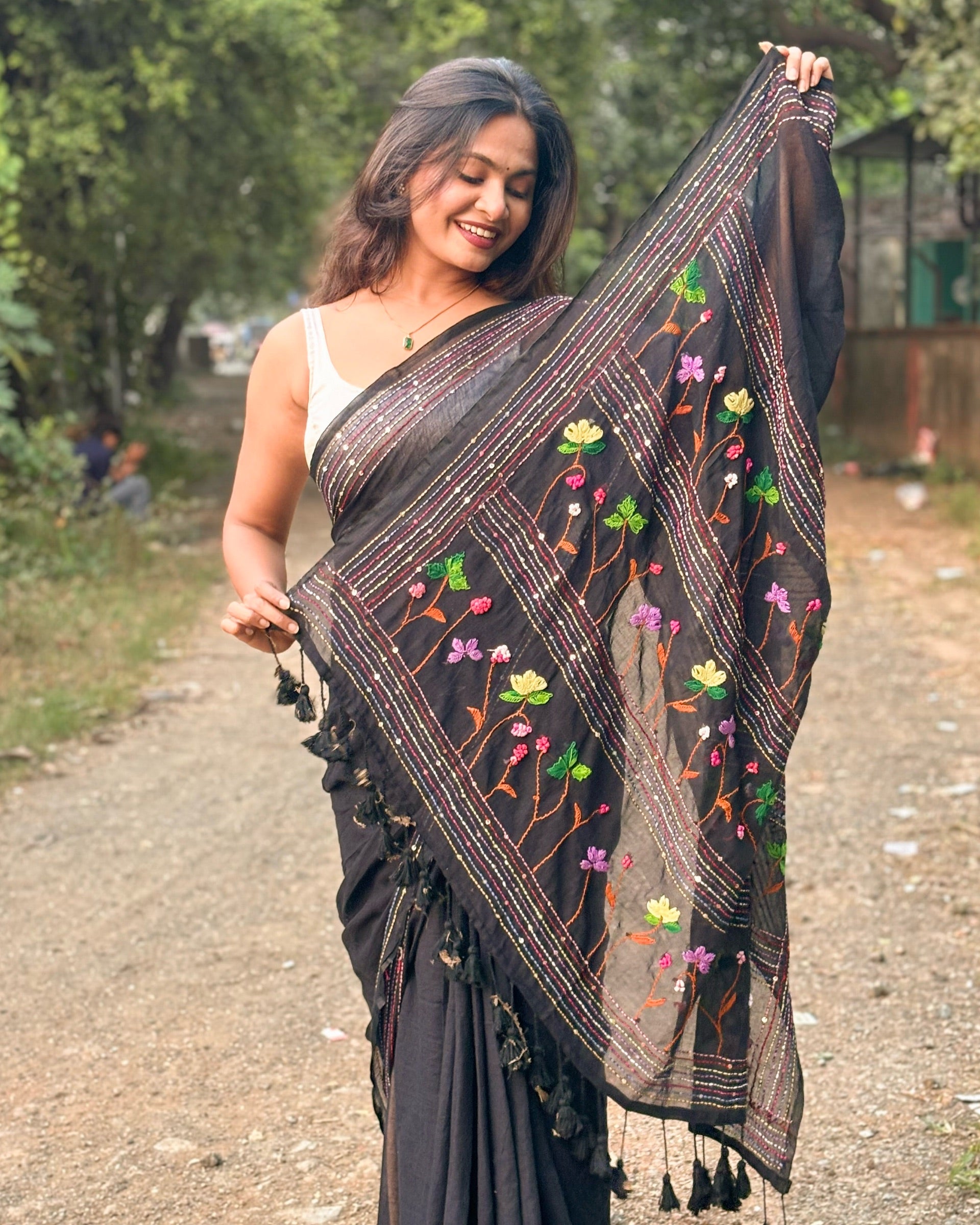 Black embroidered mulmul cotton saree