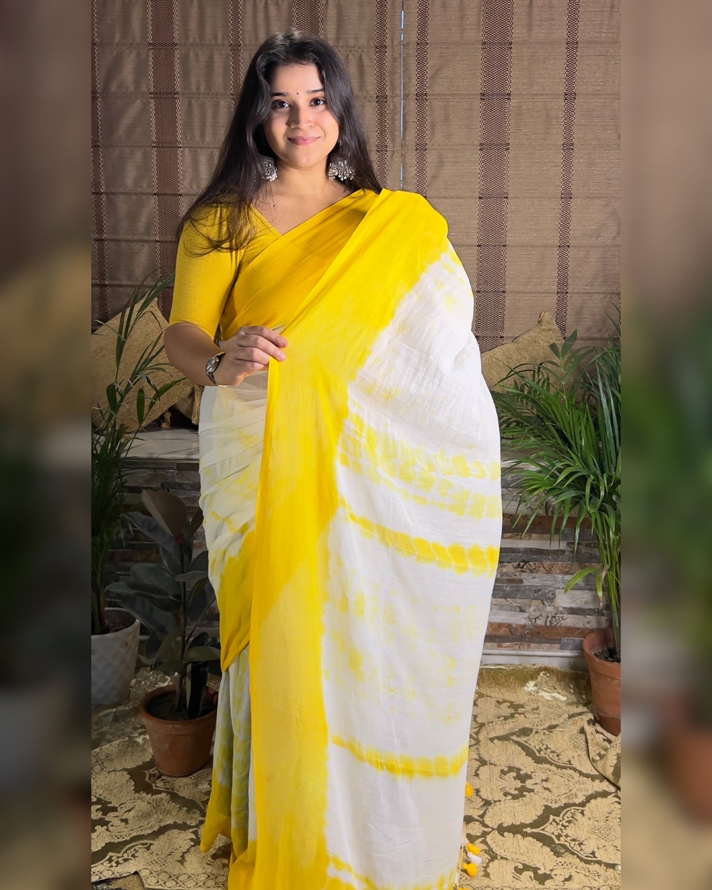 Soft and Comfortable Mulmul Cotton festive colour yellow and white Shibori Saree