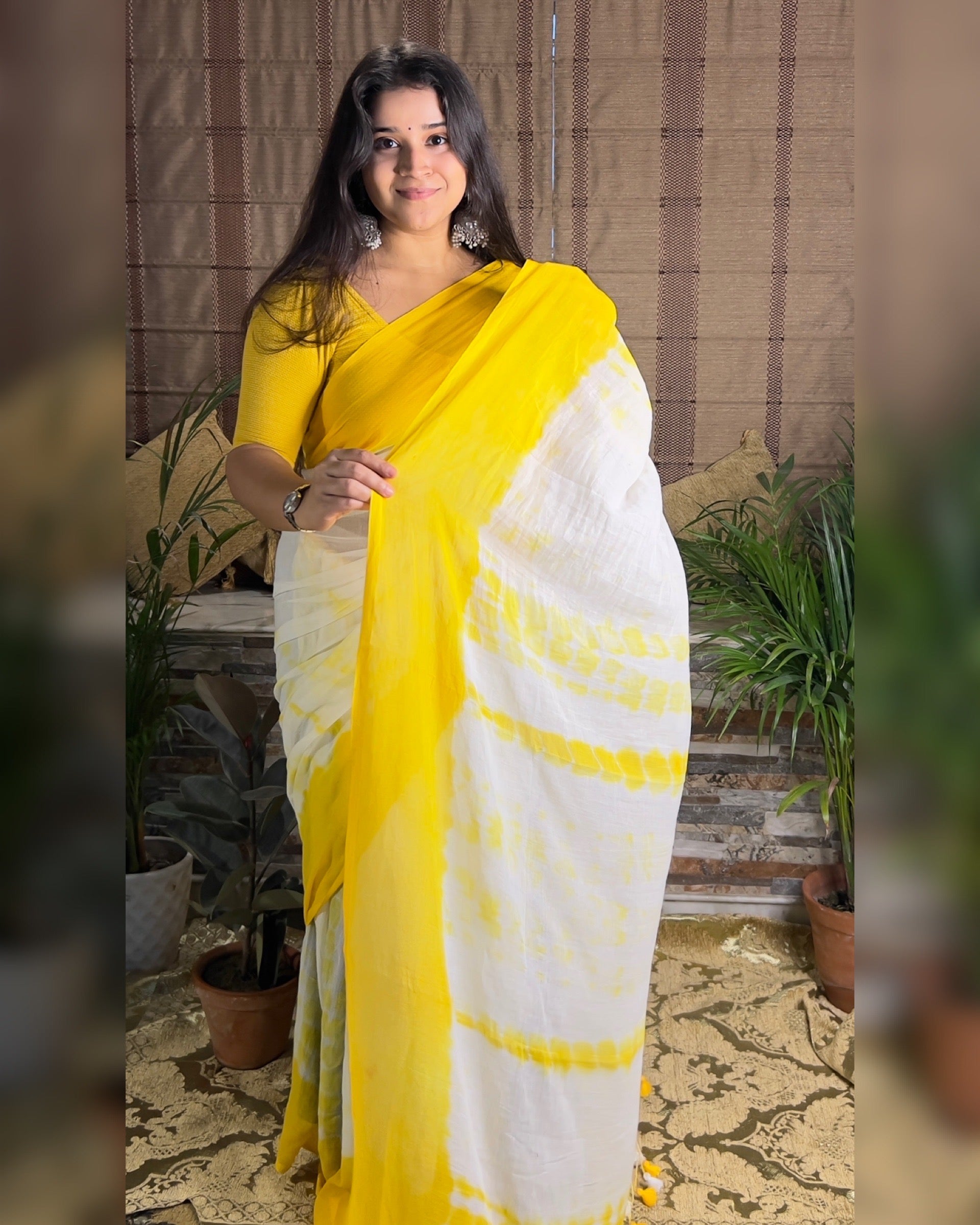 Soft and Comfortable Mulmul Cotton festive colour yellow and white Shibori Saree