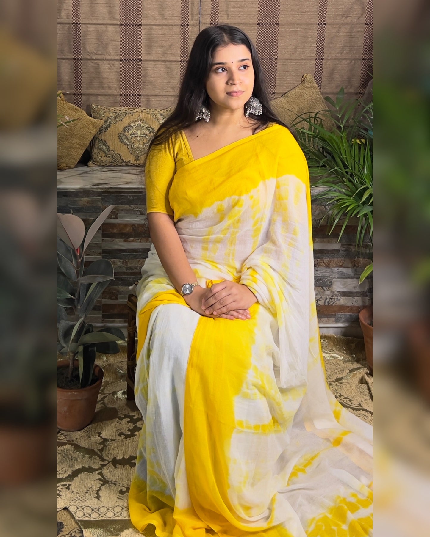 Soft and Comfortable Mulmul Cotton festive colour yellow and white Shibori Saree