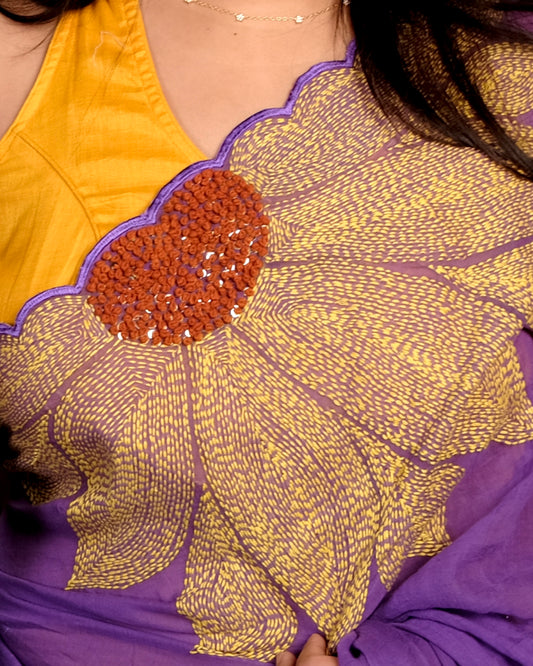 Soft and comfortable light weight violet / purple mulmul cotton saree with sunflower embroidery sequins embellished good for day time wear festive party wear