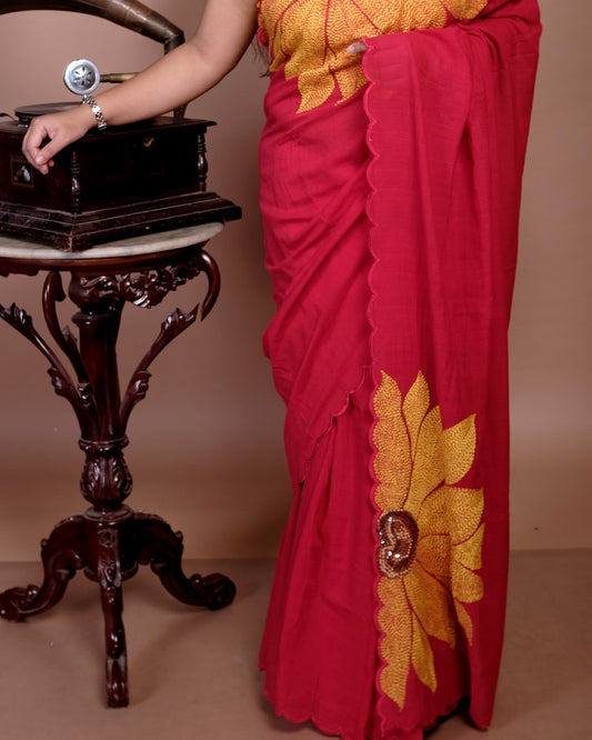 Soft and comfortable light weight red mulmul cotton saree with sunflower embroidery sequins embellished good for day time wear festive party wear