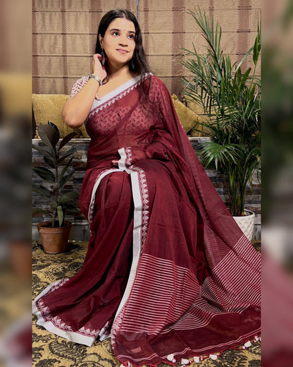 Soft and Comfortable Durga Puja Navaratri Red and White Handloom Cotton Saree Collection