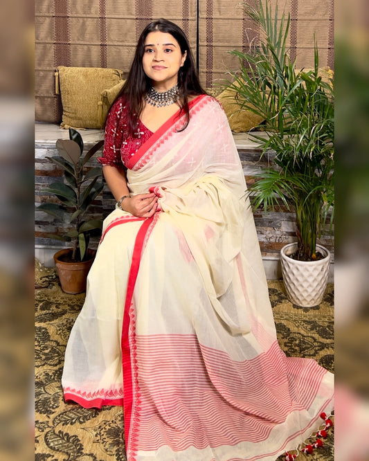 Soft and Comfortable Durga Puja Navaratri Red and White Mulmul Cotton Saree Collection