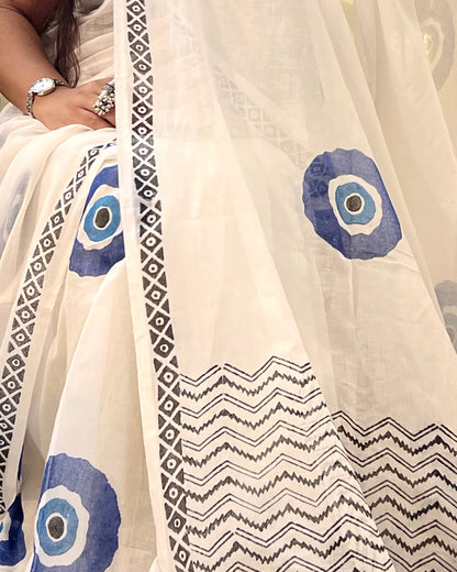 Soft & Comfortable white mulmul saree with handblock print in blue evil eye  pattern