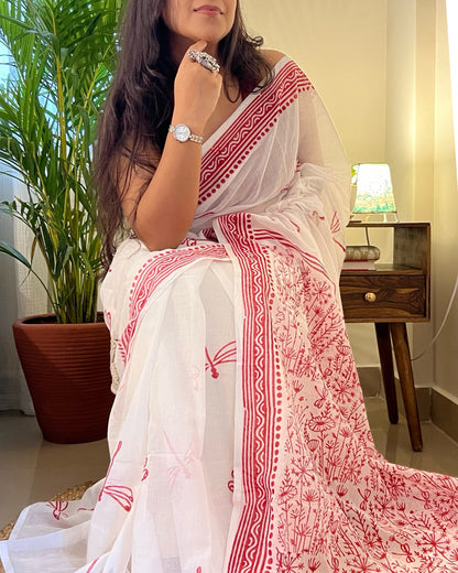 Soft & Comfortable white mulmul saree with handblock print in red dragonfly pattern