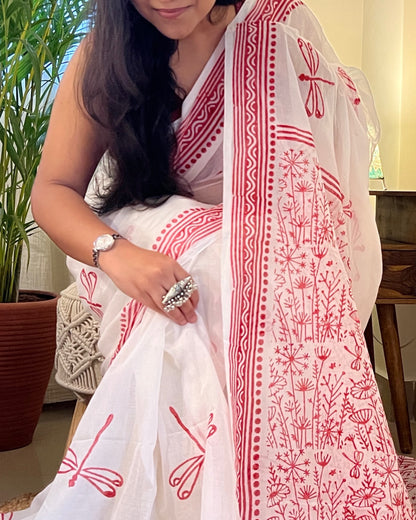 Soft & Comfortable white mulmul saree with handblock print in red dragonfly pattern