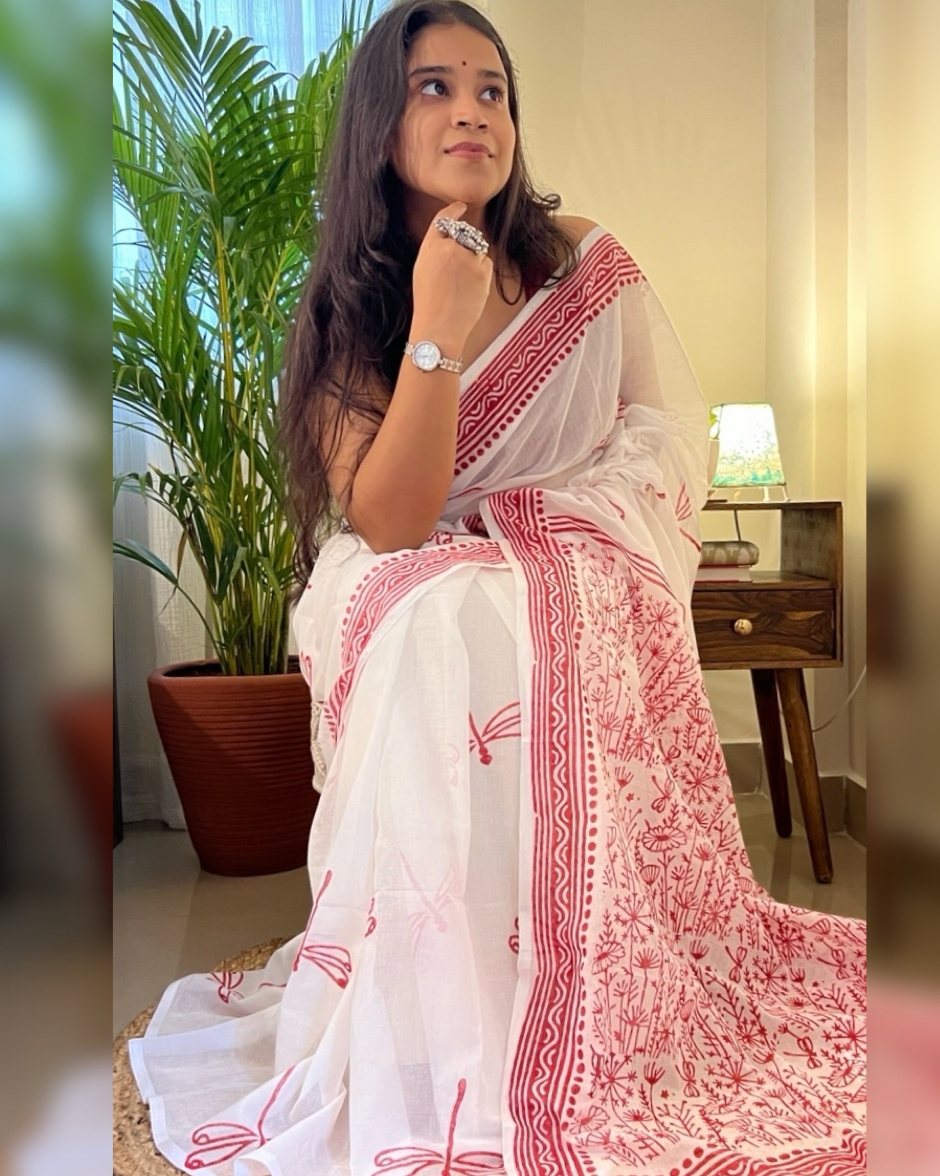 Soft & Comfortable white mulmul saree with handblock print in red dragonfly pattern