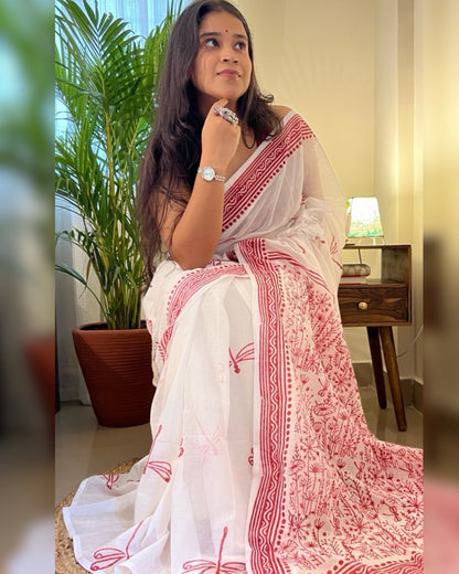 Soft & Comfortable white mulmul saree with handblock print in red dragonfly pattern