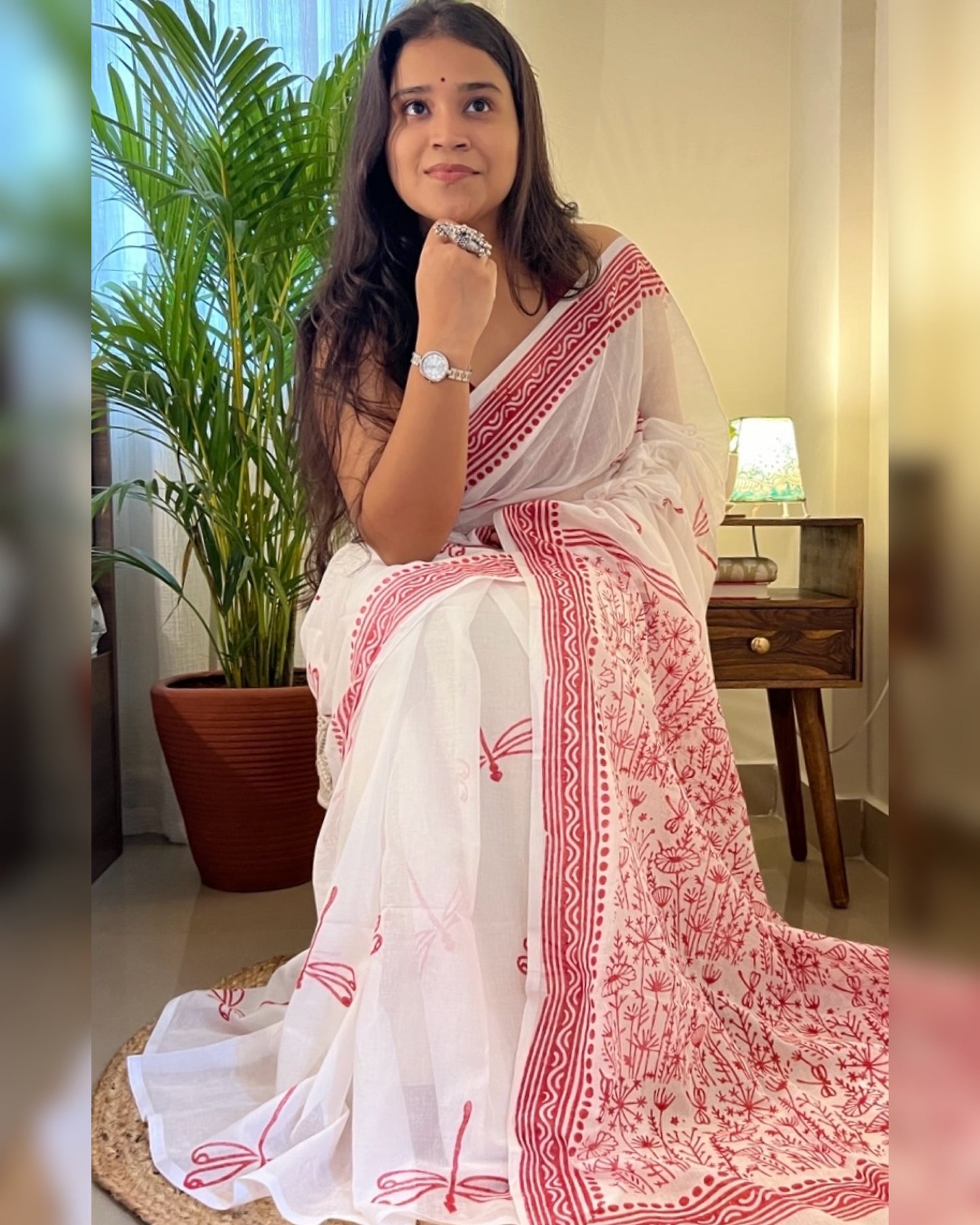 Soft & Comfortable white mulmul saree with handblock print in red dragonfly pattern