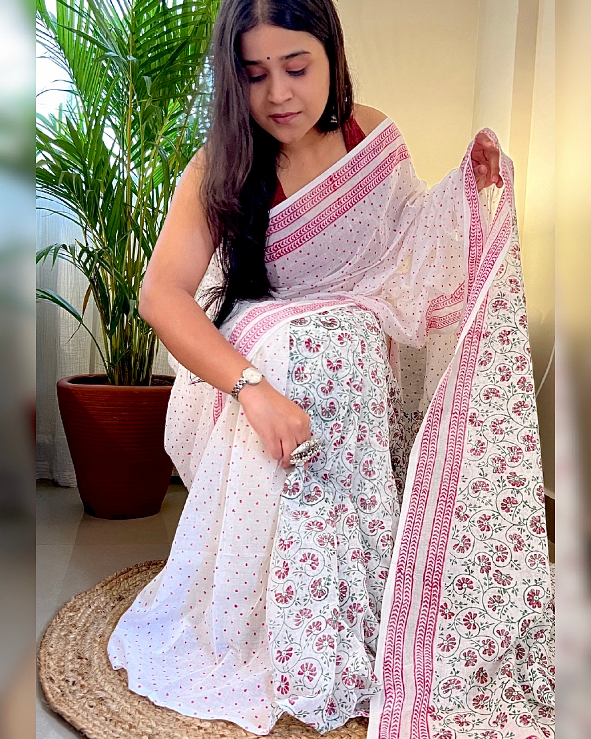 Soft & Comfortable white mulmul saree with handblock print in green and red