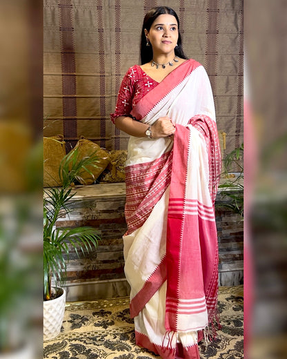 Soft and Comfortable Durga Puja Navaratri Red and White Handloom Cotton Saree Collection