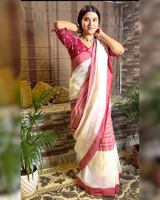 Soft and Comfortable Durga Puja Navaratri Red and White Handloom Cotton Saree Collection