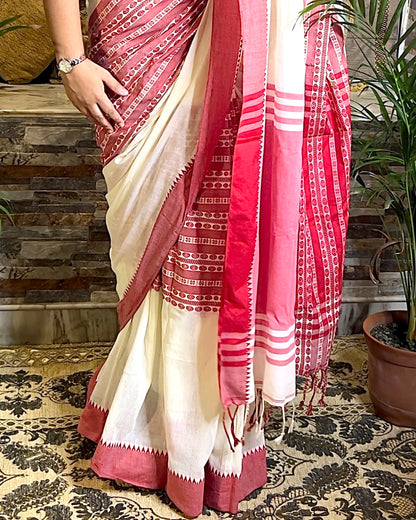 Soft and Comfortable Durga Puja Navaratri Red and White Handloom Cotton Saree Collection