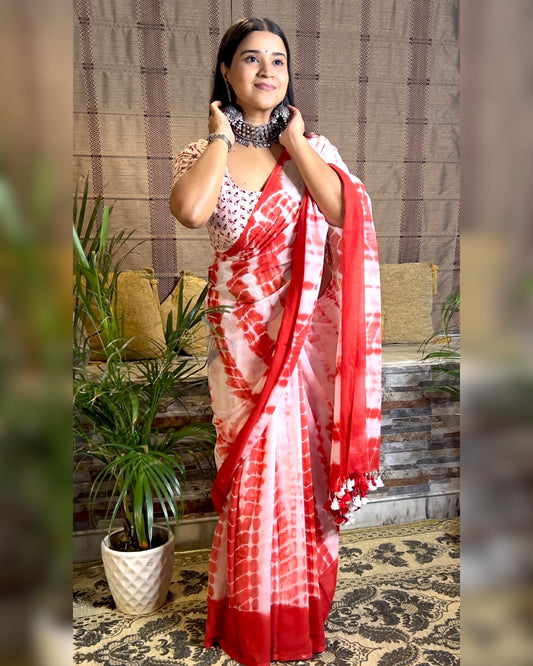 Soft and Comfortable Durga Puja Navaratri Red and White Mulmul Cotton Tie and Dye Shibori Saree Collection