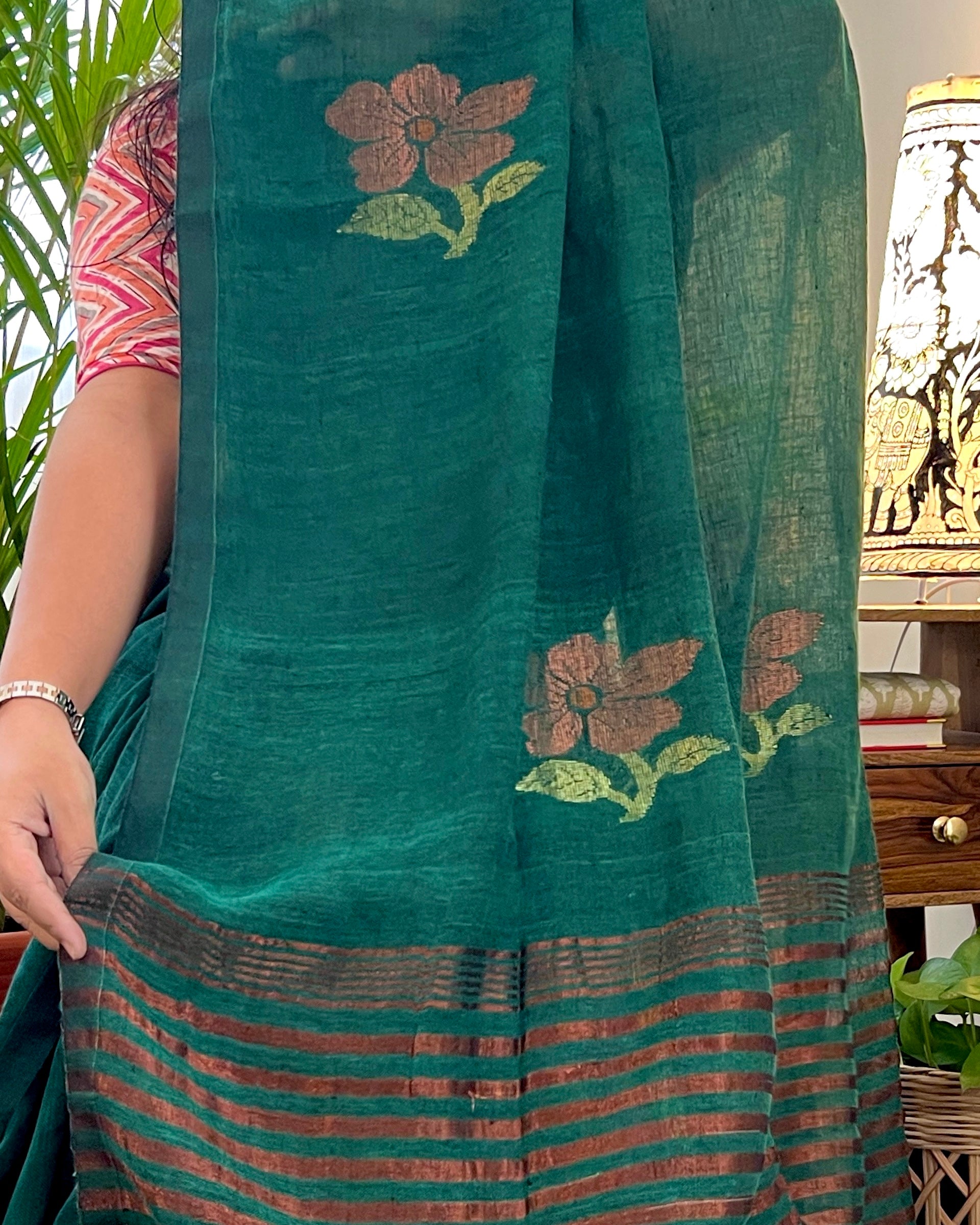 Linen cotton emerald green handloom saree 