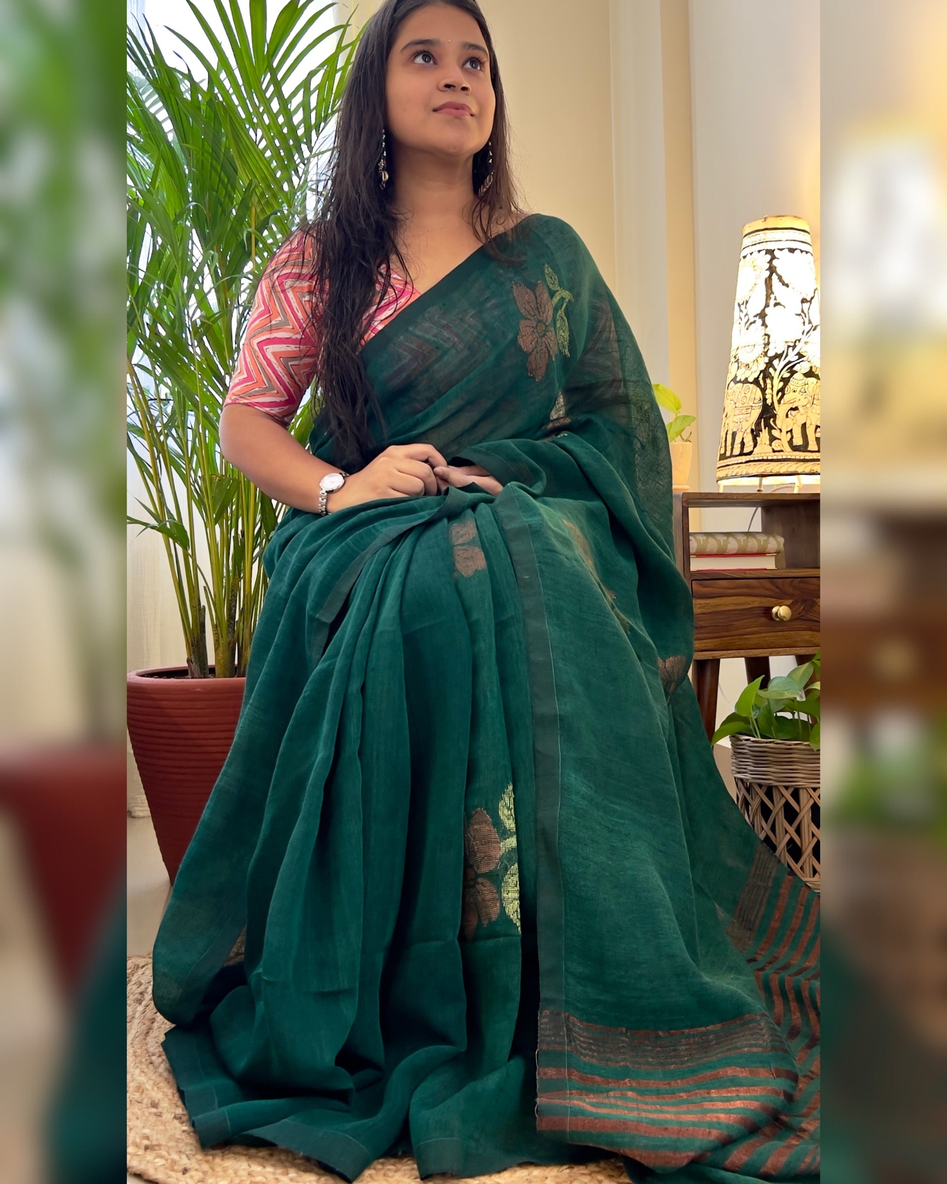 Linen cotton emerald green handloom saree 