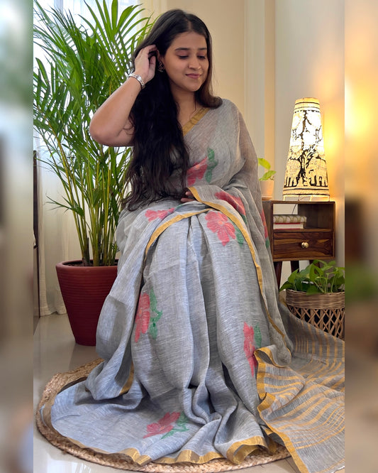 Linen cotton grey saree for festivities with zari