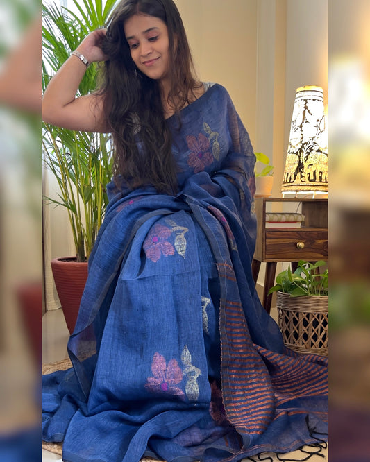 Linen cotton cobalt blue saree for festivities with zari