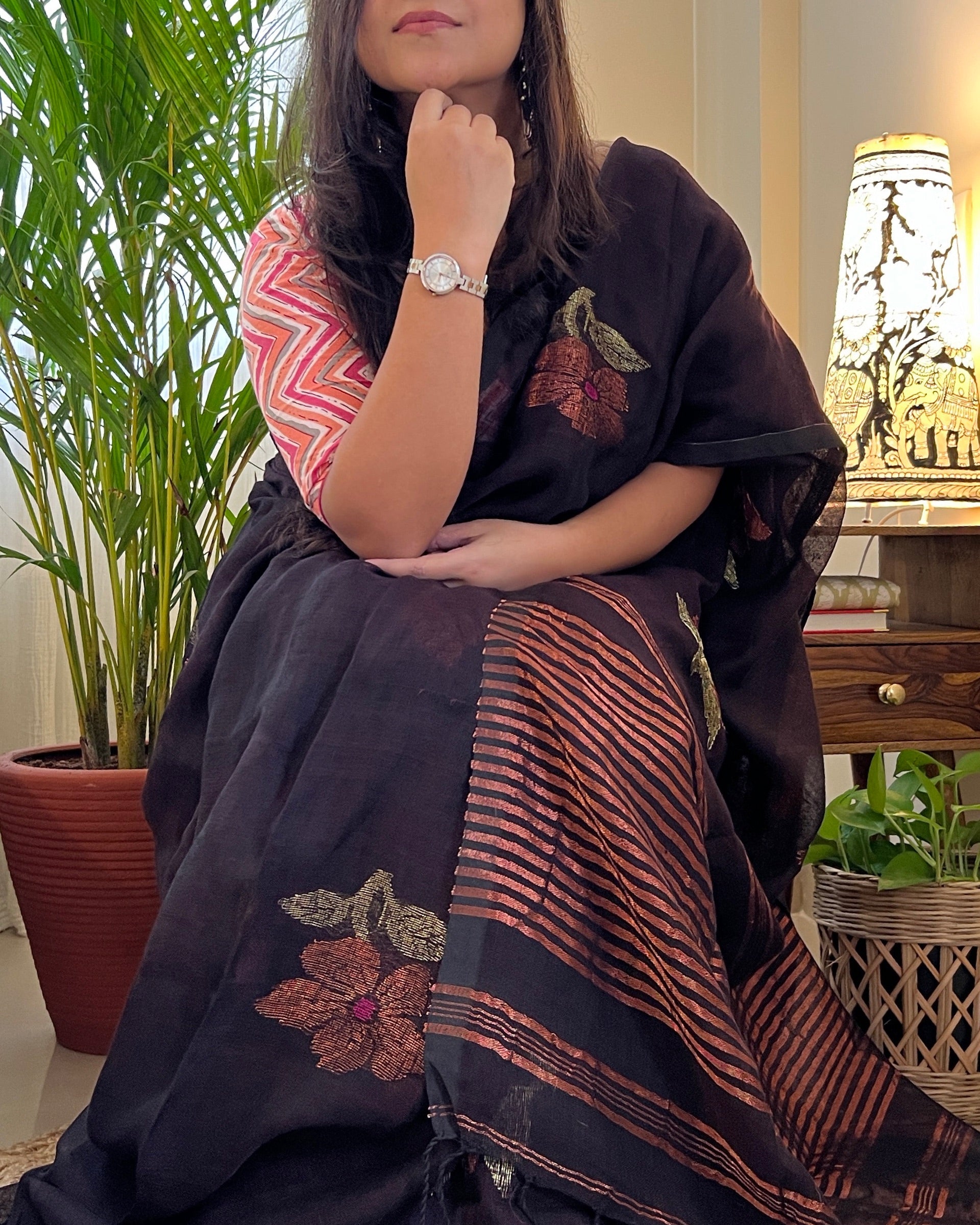 Linen cotton plum saree for festivities with zari