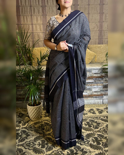 Soft and Comfortable handloom cotton saree in black and white checkered by Shopaame