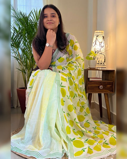 Soft & Comfortable white mulmul saree with handblock print in green and yellow mango aam pattern