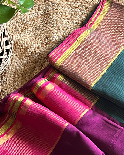 Zari tested handloom cotton festive saree in green pink and golden