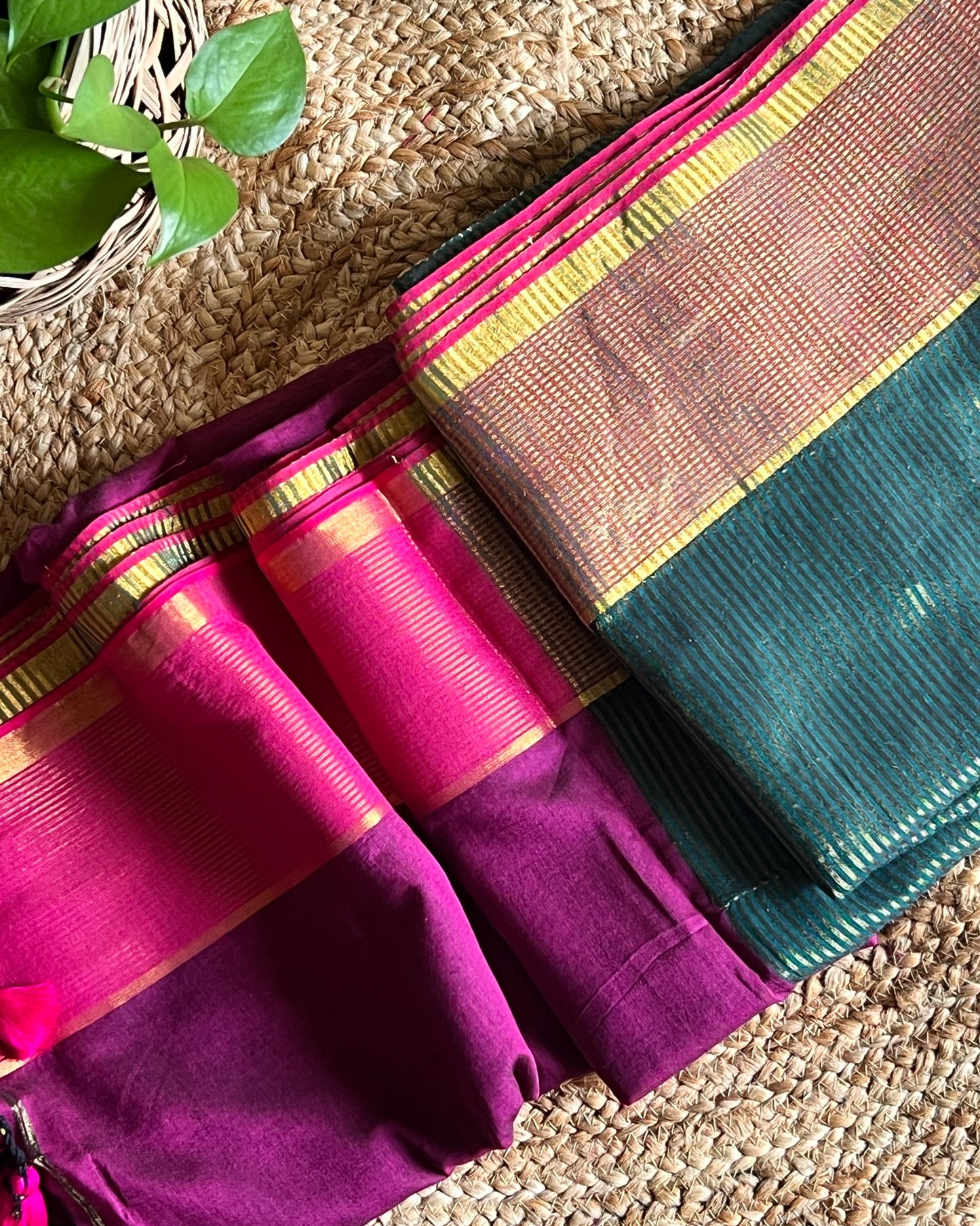 Zari tested handloom cotton festive saree in green pink and golden