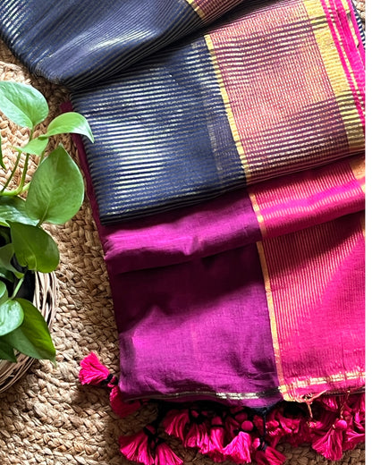 Zari tested handloom cotton festive saree in blue pink and golden