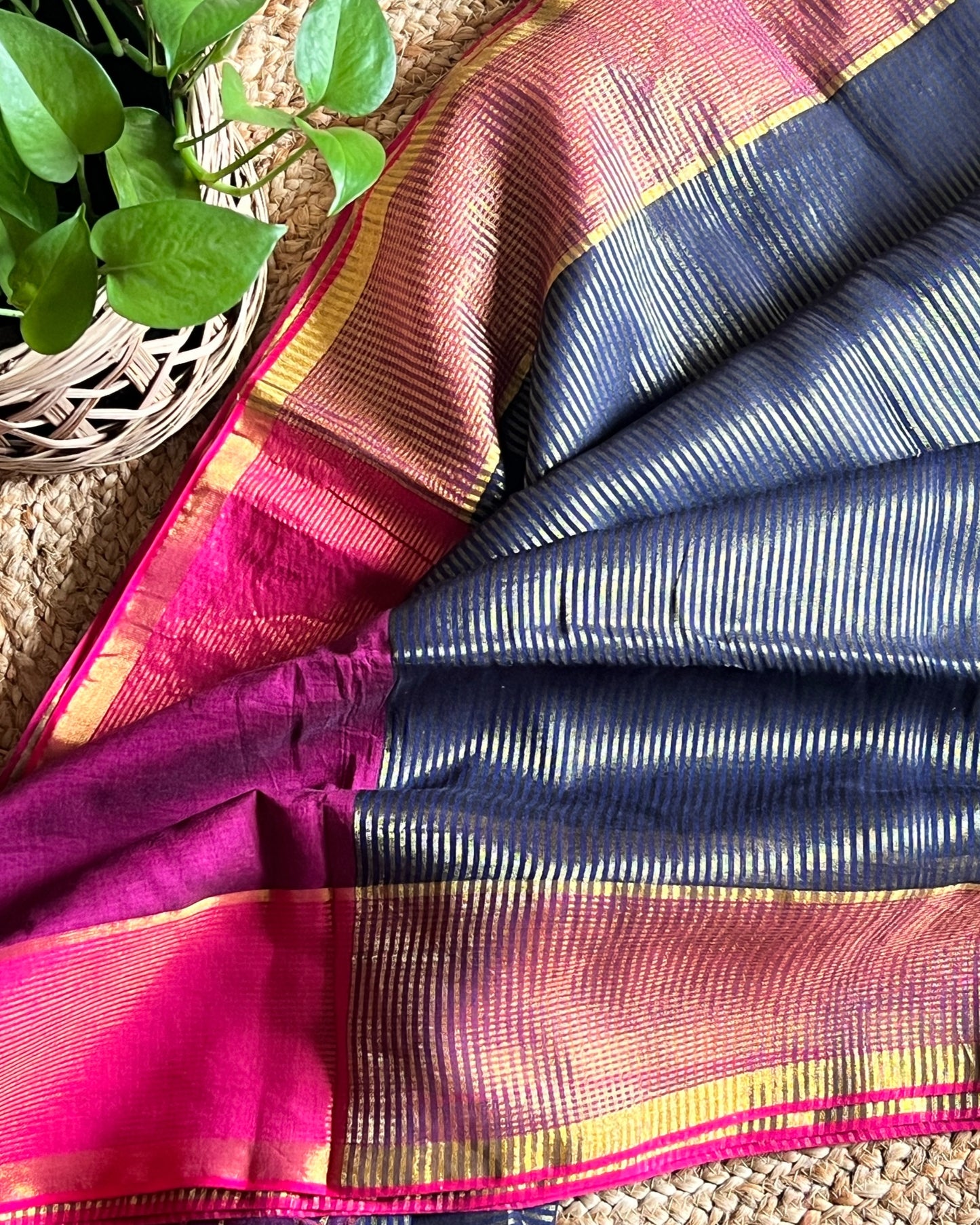 Zari tested handloom cotton festive saree in blue pink and golden