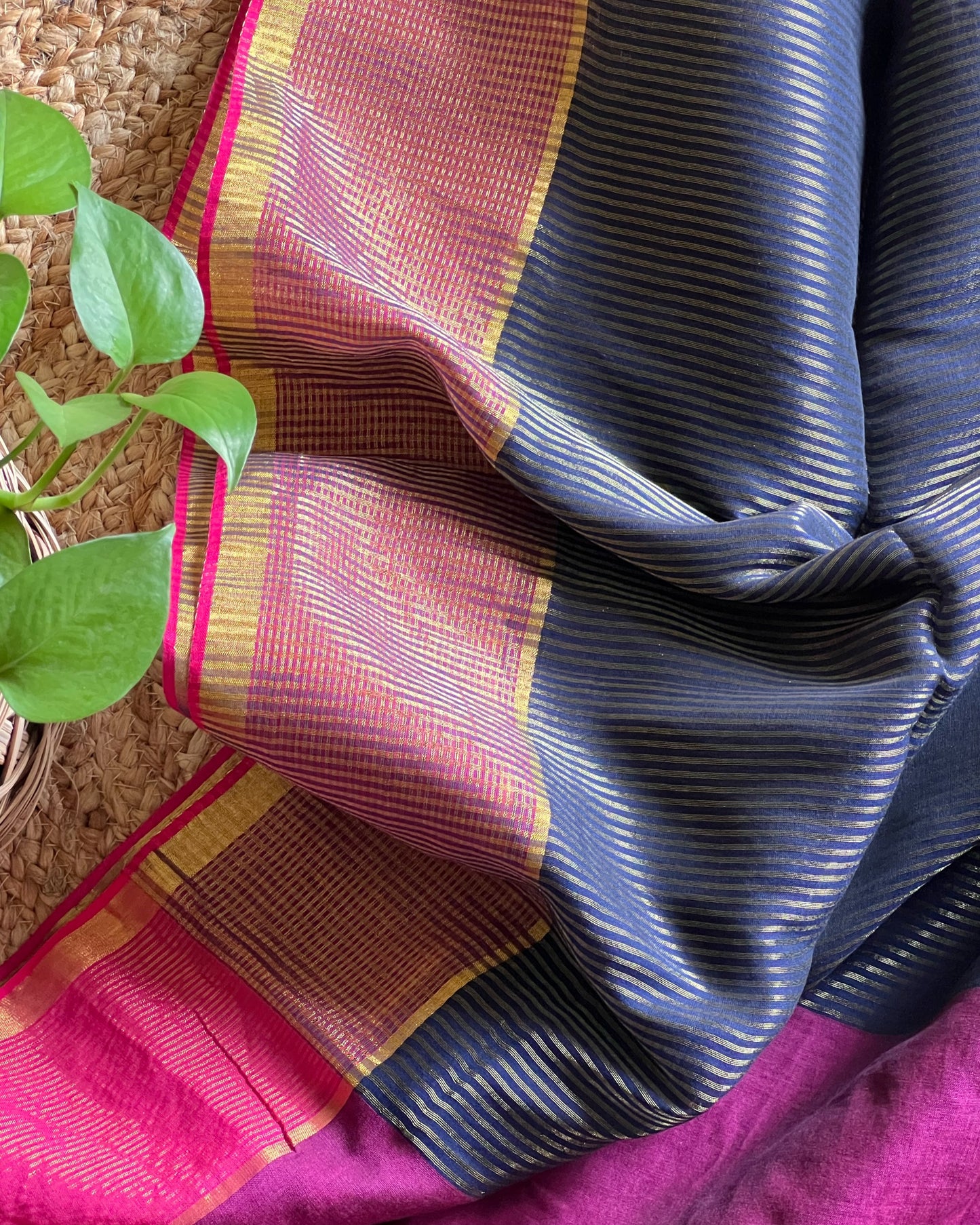 Zari tested handloom cotton festive saree in blue pink and golden